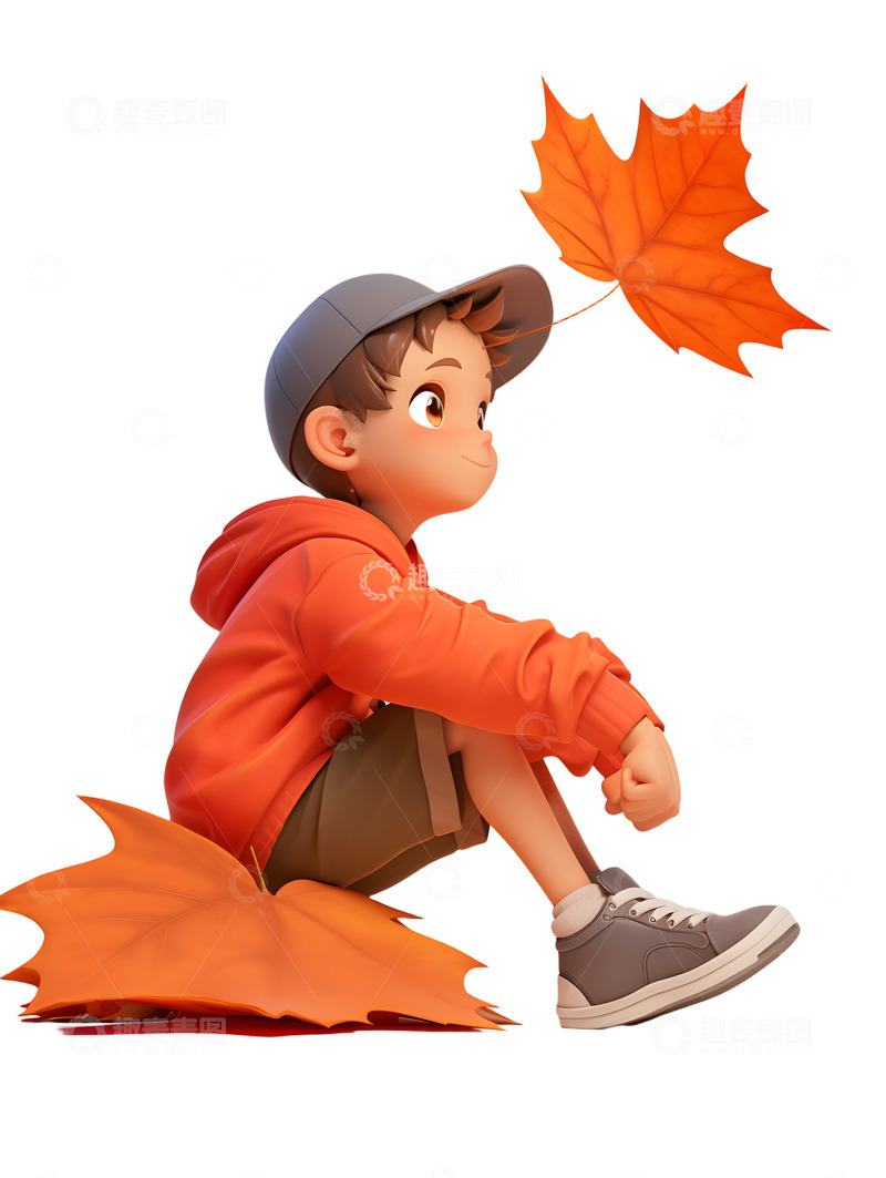 高清大图下载【趣麦麦图】可爱的男孩子坐在枫叶上面