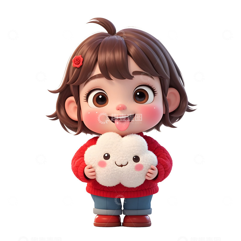 高清大图下载【趣麦麦图】卡通小女孩穿红色新年服饰微笑插画