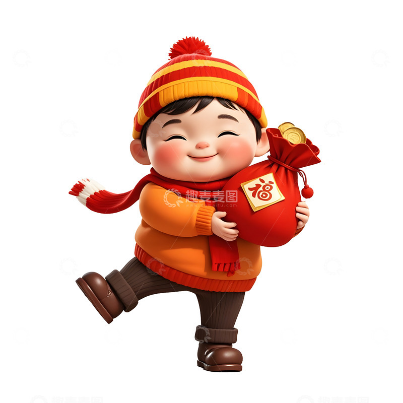 高清大图下载【趣麦麦图】卡通男孩抱着福袋庆祝春节欢乐插画