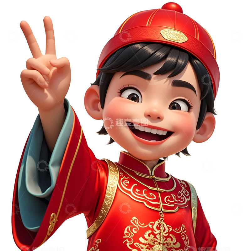 高清大图下载【趣麦麦图】卡通男孩身穿中式服饰微笑庆祝春节