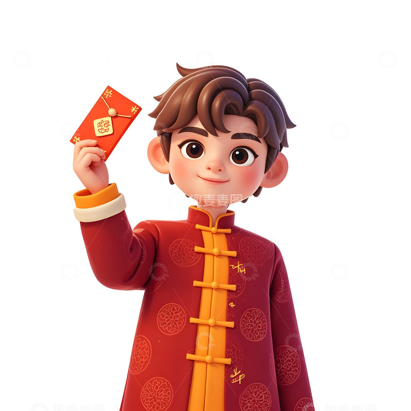 高清大图下载【趣麦麦图】卡通少年展示红包庆祝春节温馨插画