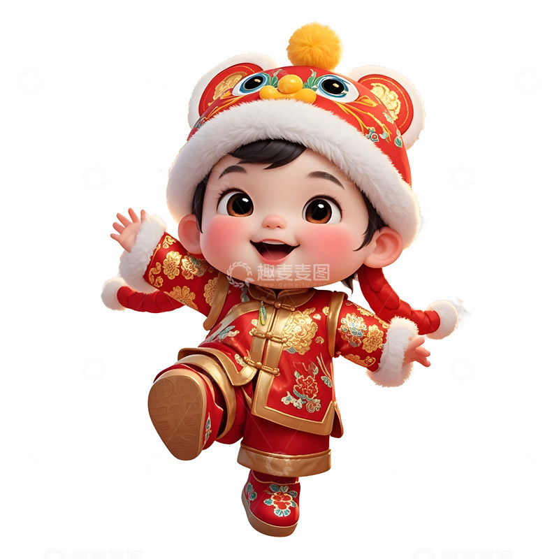 高清大图下载【趣麦麦图】舞狮卡通女孩庆祝春节欢乐场景设计