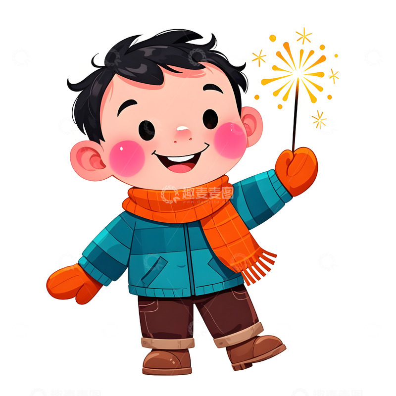 高清大图下载【趣麦麦图】卡通男孩手持烟花棒欢笑庆春节温馨插画