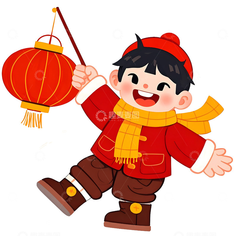 高清大图下载【趣麦麦图】卡通男孩提灯笼开心跳跃欢庆春节插画