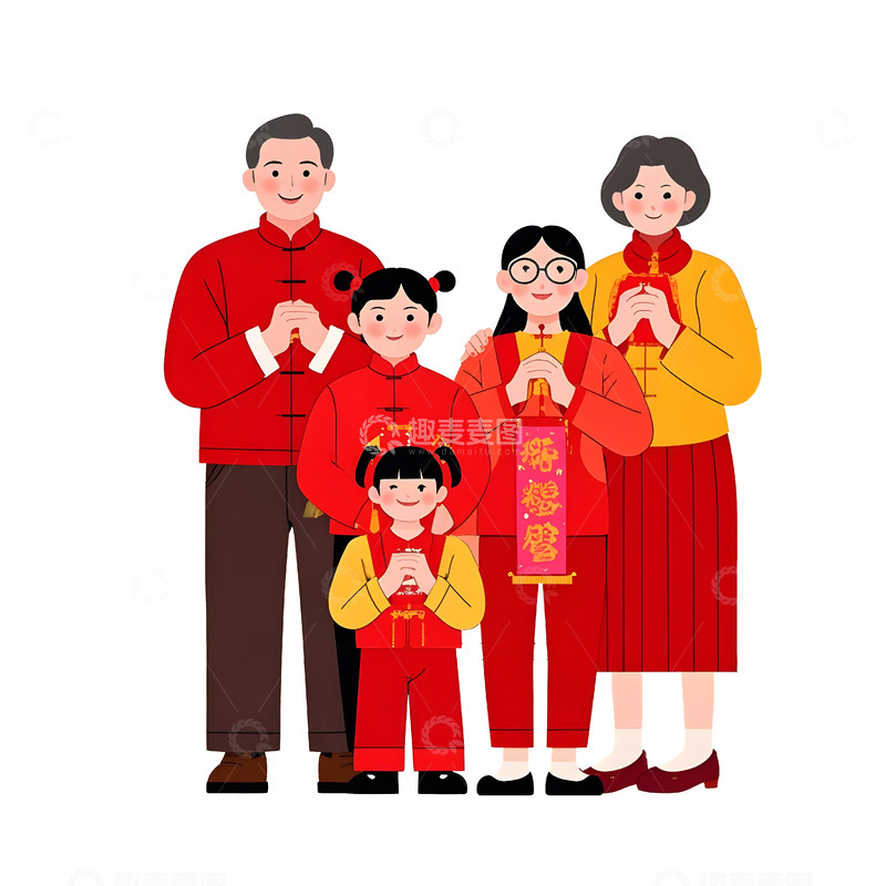 高清大图下载【趣麦麦图】一家人身穿红色服装团聚庆祝春节欢乐场景