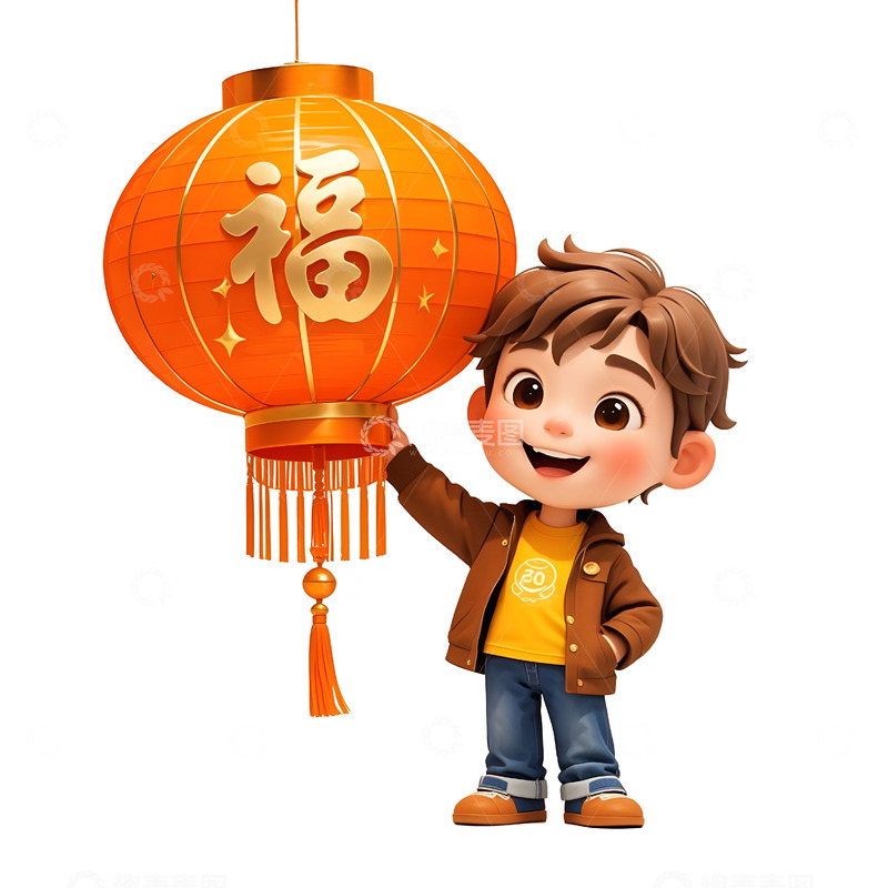 高清大图下载【趣麦麦图】卡通儿童提大红灯笼欢庆春节喜庆插画