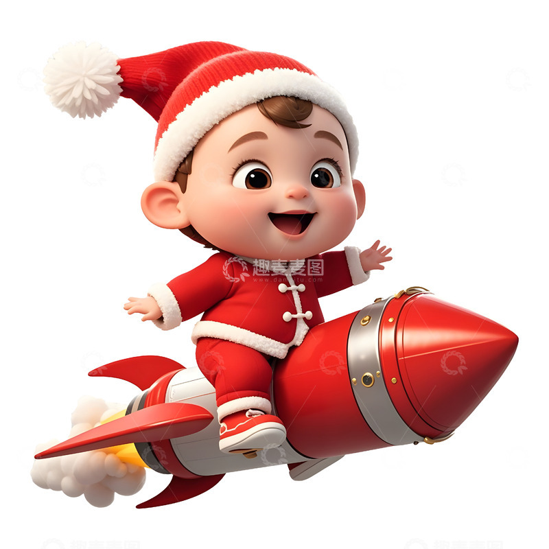高清大图下载【趣麦麦图】圣诞主题卡通男孩骑火箭喜庆飞翔形象