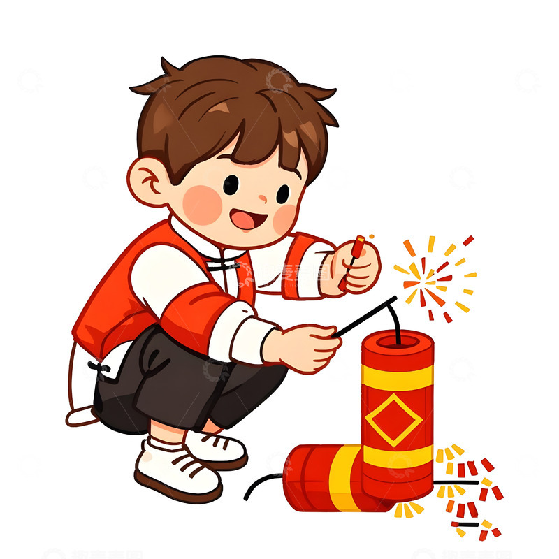 高清大图下载【趣麦麦图】卡通小男孩蹲地玩烟花棒庆祝春节场景