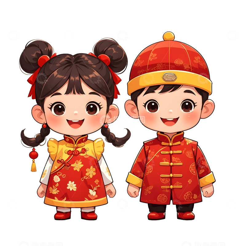 高清大图下载【趣麦麦图】卡通男女孩穿中式服装庆祝春节喜庆形象