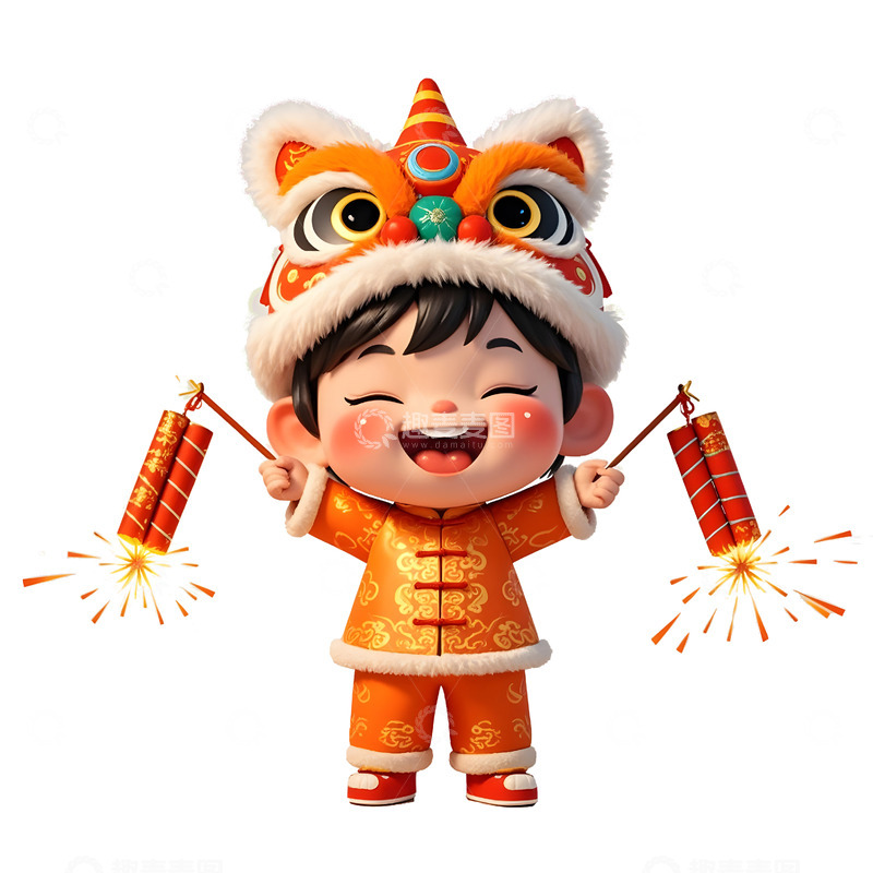 高清大图下载【趣麦麦图】舞狮小男孩举鞭炮春节喜庆形象设计
