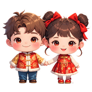 卡通儿童新年拜年服饰红色主题插画