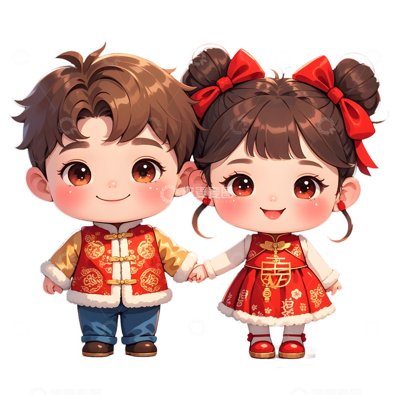 高清大图下载【趣麦麦图】卡通儿童新年拜年服饰红色主题插画