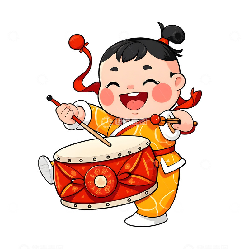 高清大图下载【趣麦麦图】卡通小男孩背鼓挥动鼓槌喜迎春节插画