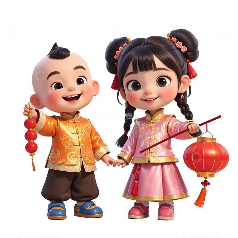 高清大图下载【趣麦麦图】卡通男孩女孩并肩提灯笼欢度春节插画