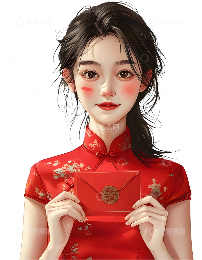 高清大图下载【趣麦麦图】现代女性身穿中式礼服拿红包贺岁形象