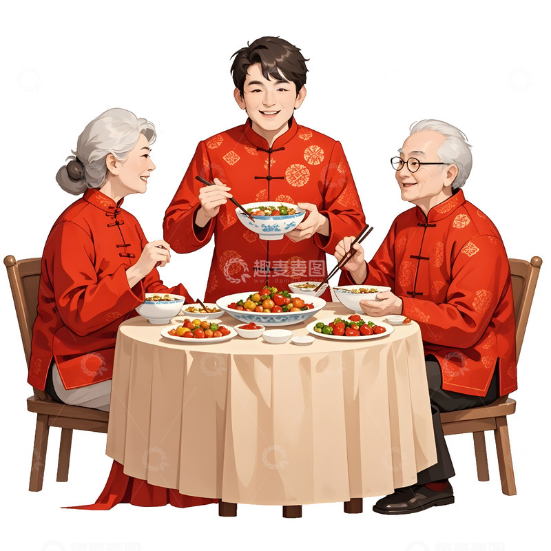 高清大图下载【趣麦麦图】一家人春节团聚围桌用餐欢乐场景插画