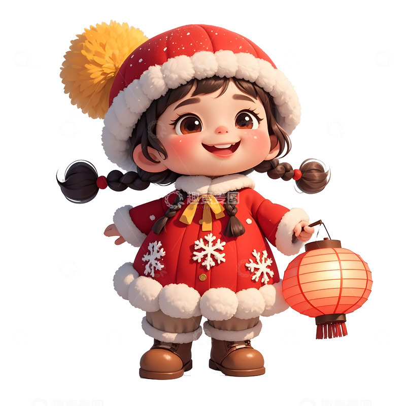 高清大图下载【趣麦麦图】卡通小女孩穿冬装手提红灯笼迎接春节场景