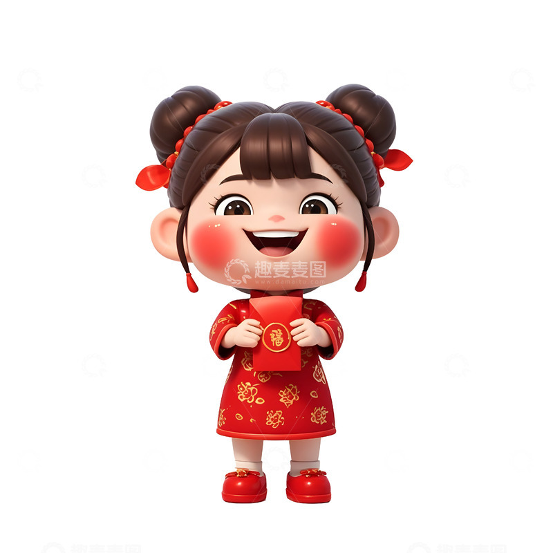 高清大图下载【趣麦麦图】卡通小女孩穿红色旗袍微笑迎接春节场景