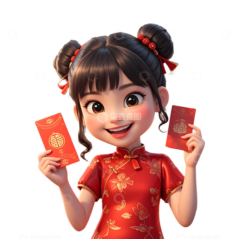 高清大图下载【趣麦麦图】卡通小女孩双手举红包欢庆春节喜庆插画