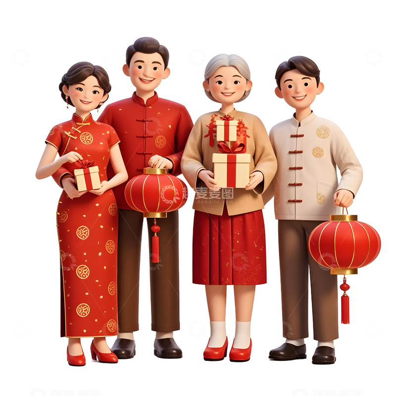 高清大图下载【趣麦麦图】家庭成员穿传统服饰共度春节团圆场景