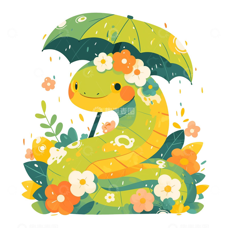高清大图下载【趣麦麦图】卡通打着雨伞的小花蛇