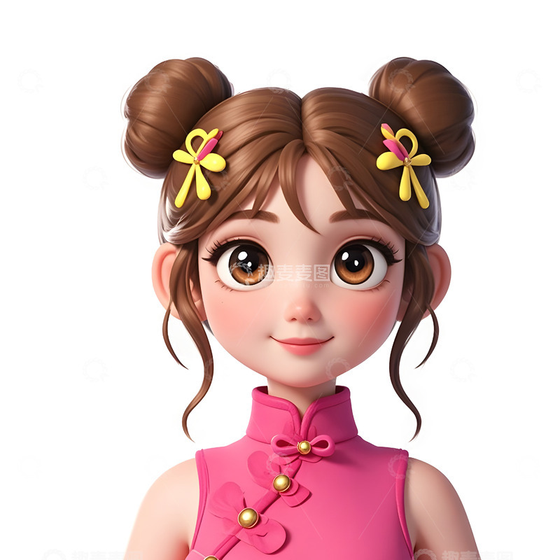 高清大图下载【趣麦麦图】卡通女孩梳双髻身穿粉色旗袍微笑插画