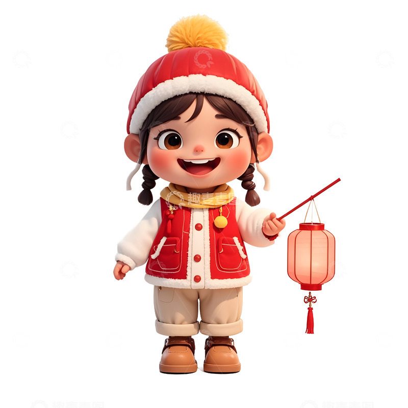 高清大图下载【趣麦麦图】卡通女孩穿冬装提灯笼欢笑庆祝春节插画