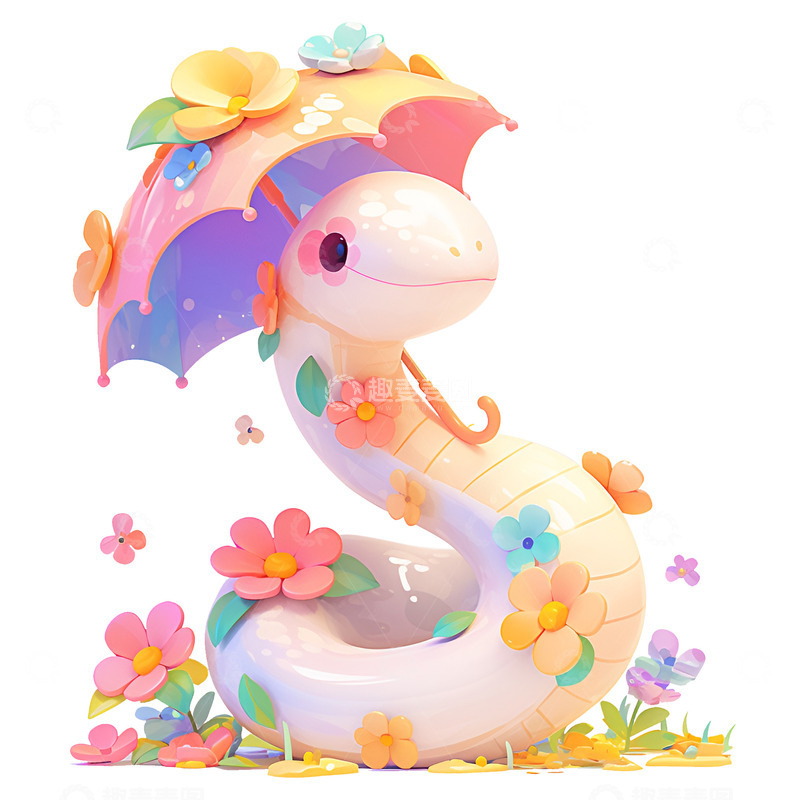 高清大图下载【趣麦麦图】卡通打着花伞的小白蛇