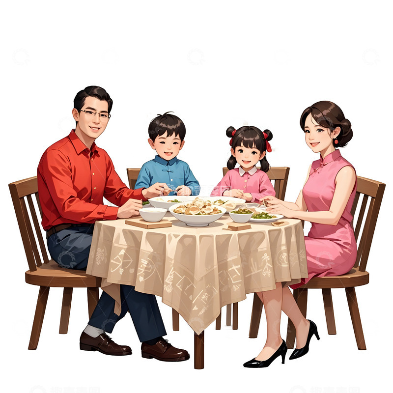高清大图下载【趣麦麦图】四口之家围桌共享春节团圆饭温馨场景