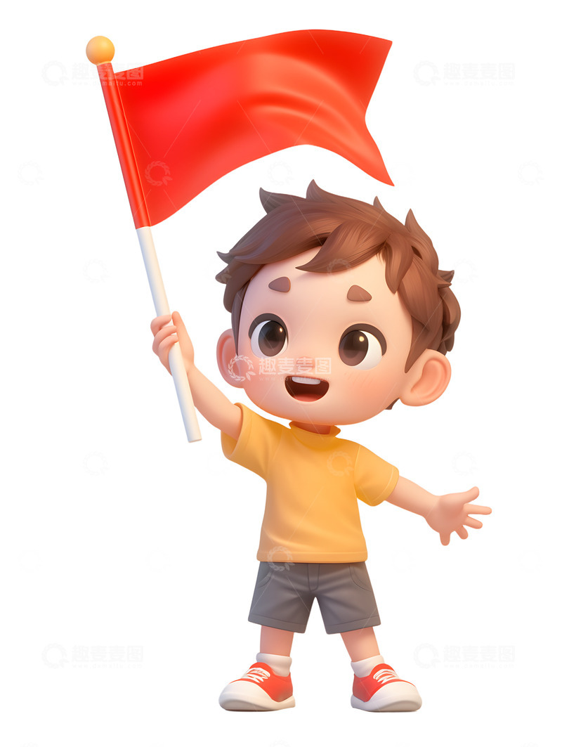 高清大图下载【趣麦麦图】卡通男孩子举着小红旗