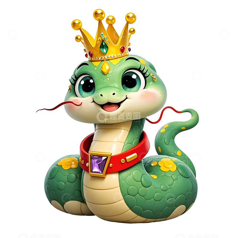 高清大图下载【趣麦麦图】戴金色皇冠的绿色蛇卡通新年插画