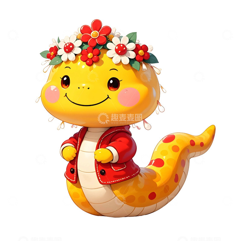 高清大图下载【趣麦麦图】戴花环的黄色蛇卡通新年可爱插画