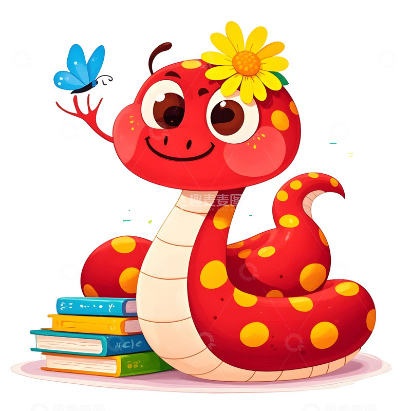 高清大图下载【趣麦麦图】红色蛇戴花头饰卡通新年节庆插画