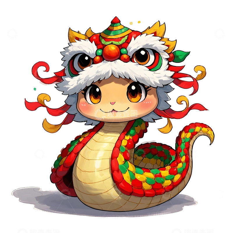 高清大图下载【趣麦麦图】戴龙头帽子的卡通蛇年喜庆新年插画