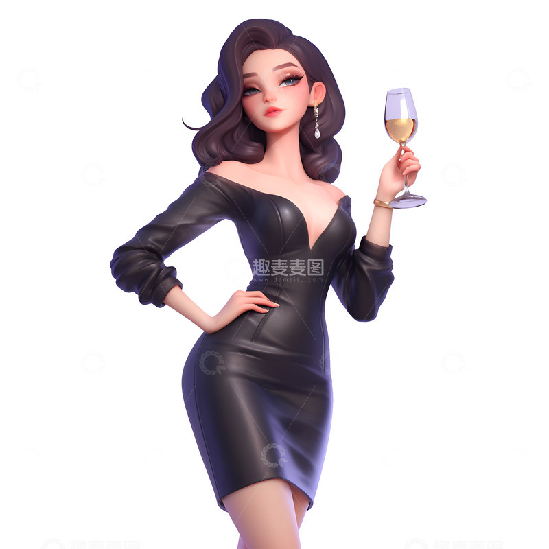 高清大图下载【趣麦麦图】卡通穿着皮衣拿着红酒杯的美女