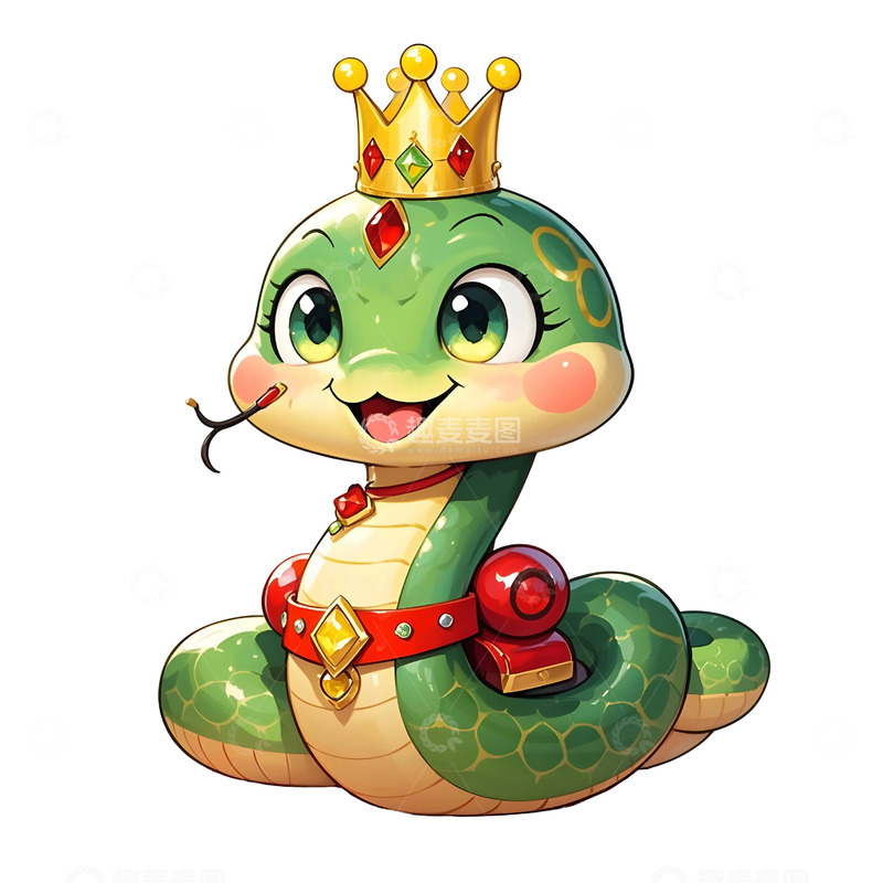 高清大图下载【趣麦麦图】微笑绿色蛇戴皇冠新年节日插画