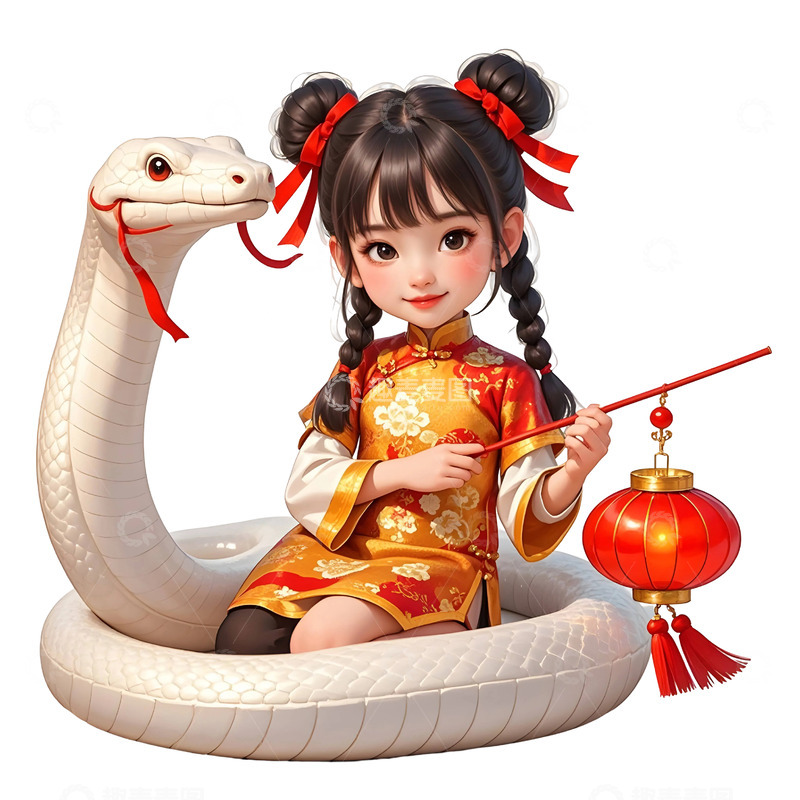 高清大图下载【趣麦麦图】蛇年卡通白蛇与汉服女孩新年插画