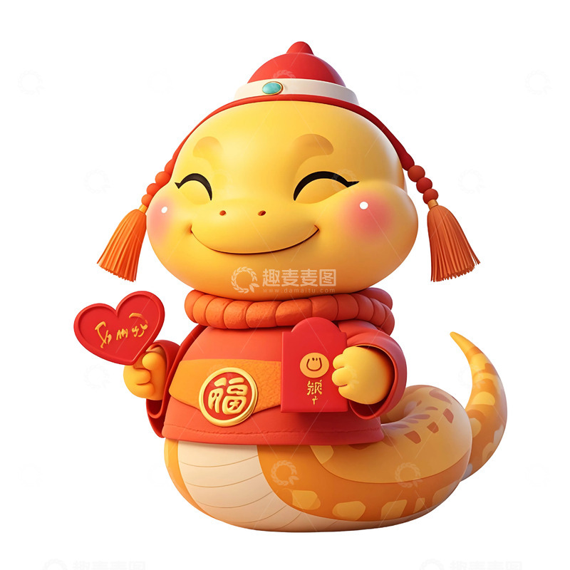 高清大图下载【趣麦麦图】戴帽子的红色蛇卡通新年节日插画