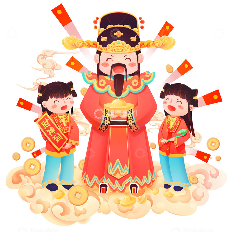 源文件下载【趣麦麦图】财神和招财童子