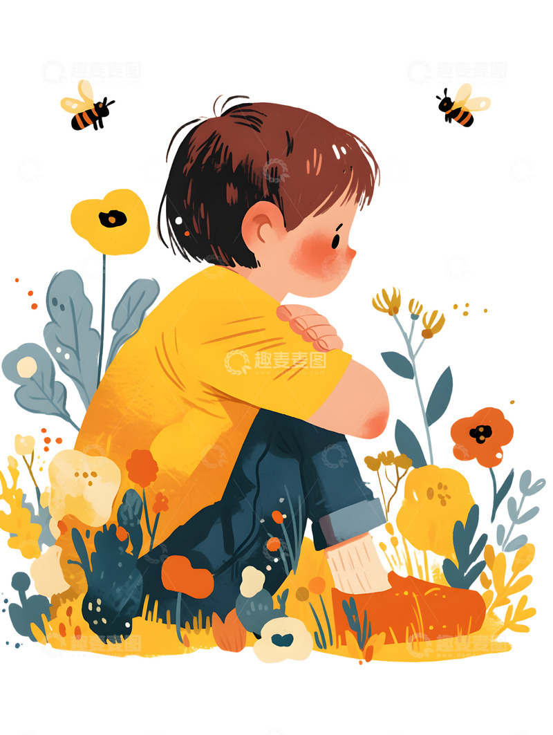 高清大图下载【趣麦麦图】卡通男孩子与草丛花丛