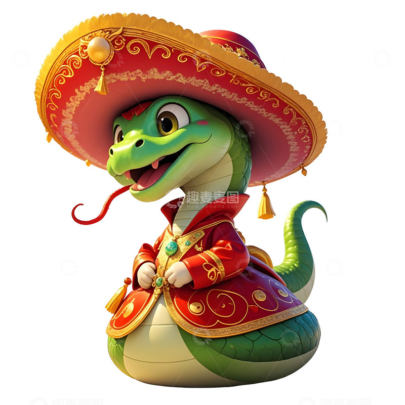 高清大图下载【趣麦麦图】穿红衣服戴帽子的绿色蛇新年插画