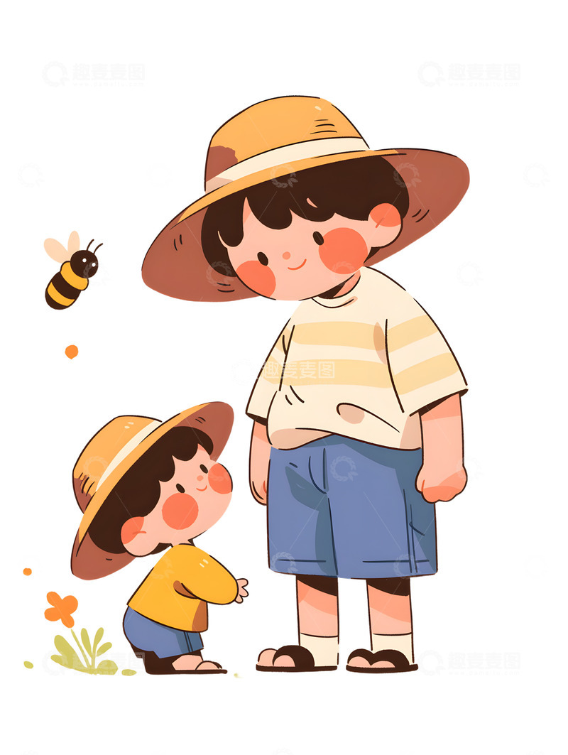 高清大图下载【趣麦麦图】卡通小孩父亲与蜜蜂