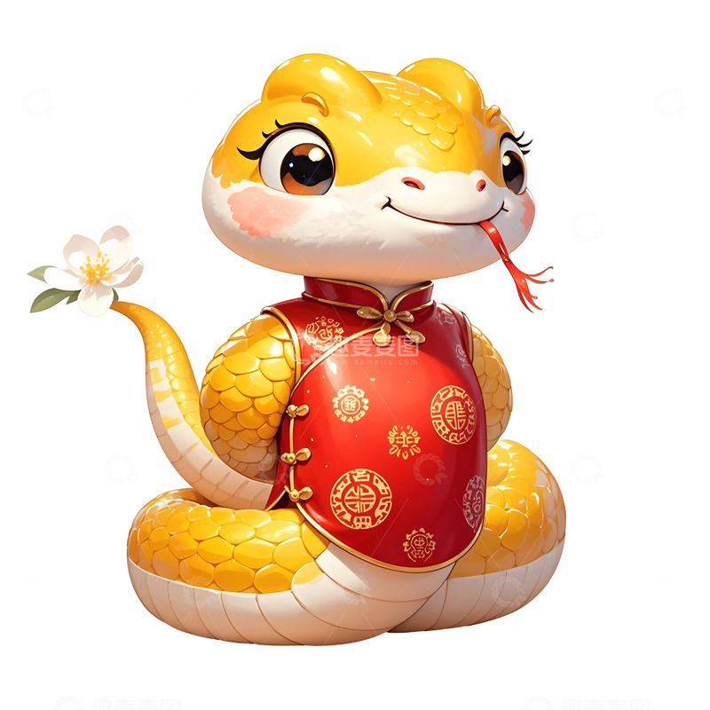 高清大图下载【趣麦麦图】金色蛇红色肚兜装饰新年贺岁插画