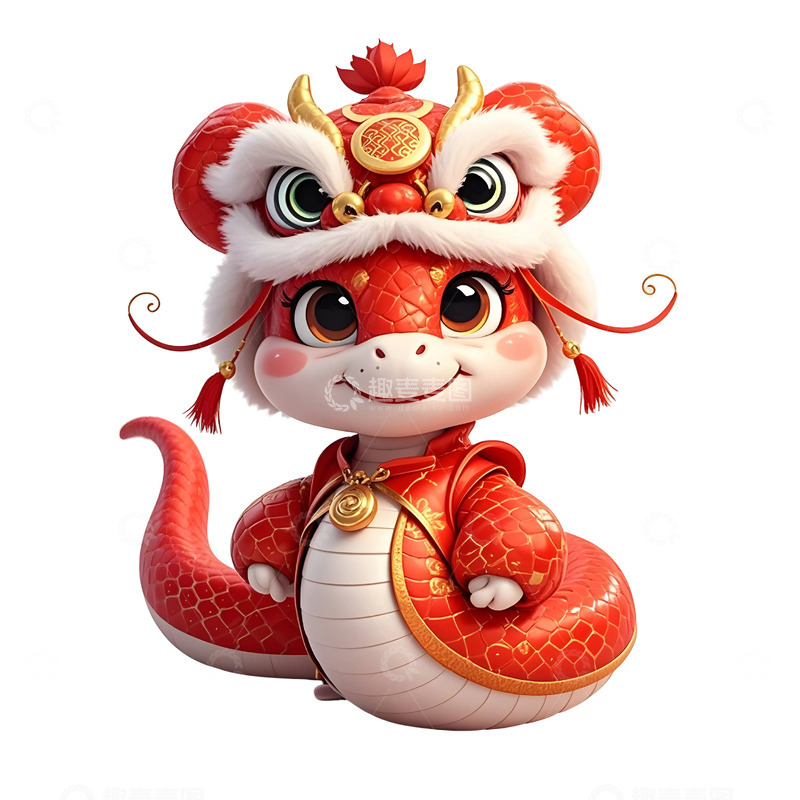 高清大图下载【趣麦麦图】戴红色花冠的双蛇戏曲风格新年节庆插画