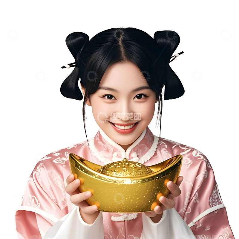 高清大图下载【趣麦麦图】穿红色汉服少女手持金元宝喜庆新年节庆摄影