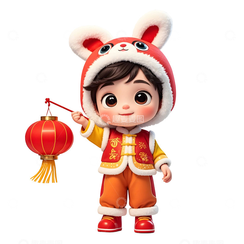 高清大图下载【趣麦麦图】红色服饰的卡通女孩手持灯笼新年插画