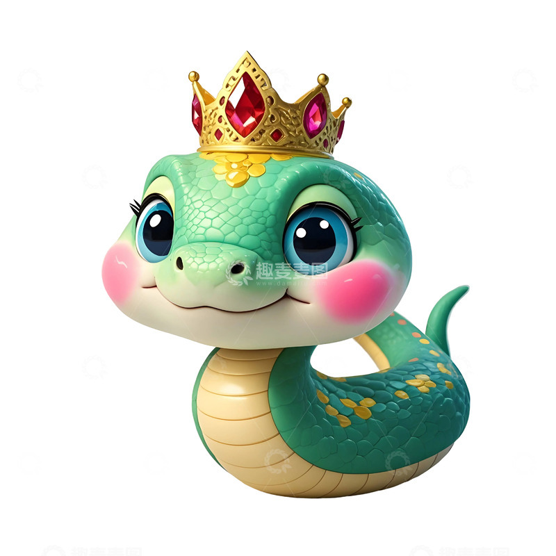 高清大图下载【趣麦麦图】绿色戴皇冠的微笑蛇新年贺岁卡通插画