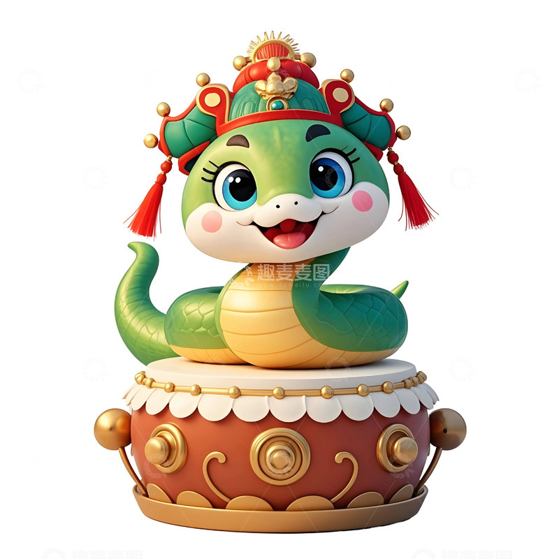 高清大图下载【趣麦麦图】戴传统戏曲帽的绿色蛇节庆新年贺岁插画