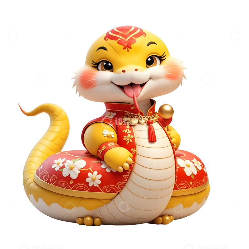 高清大图下载【趣麦麦图】穿红色服饰的微笑黄色蛇新年贺岁插画