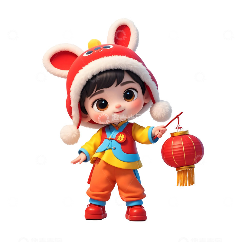 高清大图下载【趣麦麦图】穿兔年服饰的卡通女孩手持灯笼新年插画